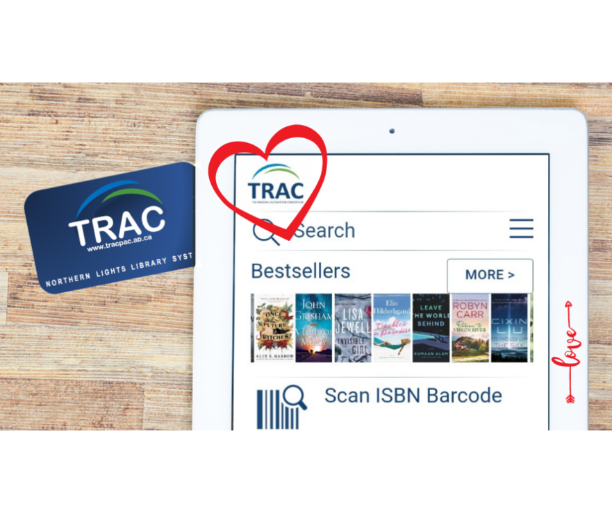 Tablet with TRAcpac app displayed and a Northern Lights Library Sytem library card.
